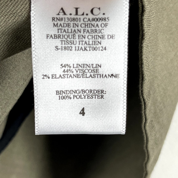 ALC Kendrick Blazer Jacket Womens 4 Green Belted Puff Sleeve Linen Blend Minimal - Picture 11 of 16